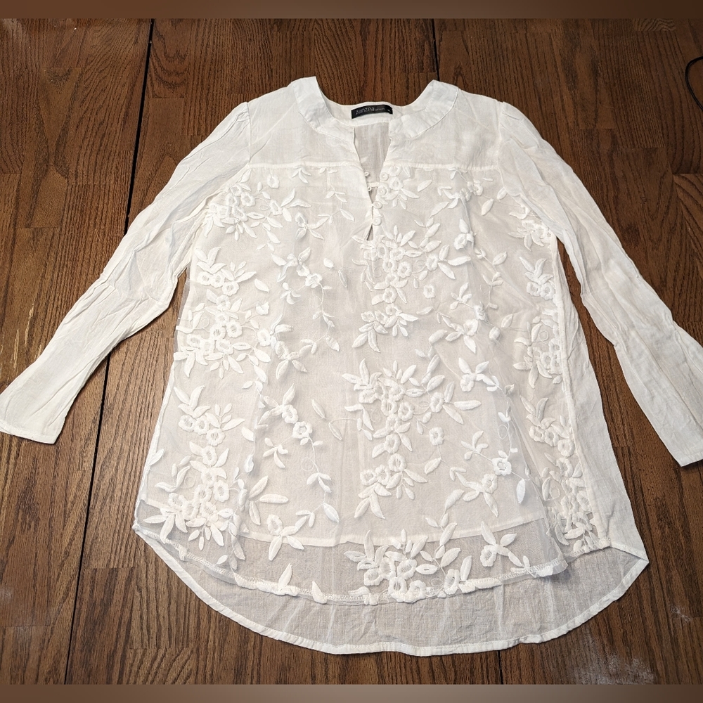 White cotton/polyester Zanzea lacy shirt
